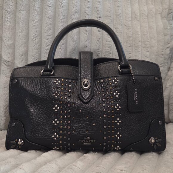 Coach Black Leather Studded Mercer 24 Satchel - Picture 2 of 12